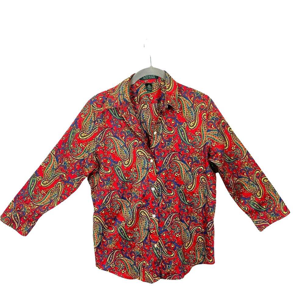Lauren Ralph Lauren Shirt Top Size Small Paisley Red Blue Green Retro Button Up